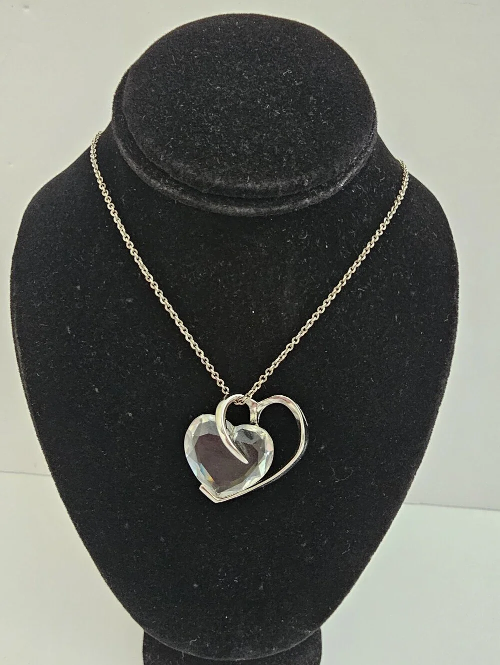 Vintage Italian Sterling Silver Clear Faceted Glass Heart Pendant Necklace, 925